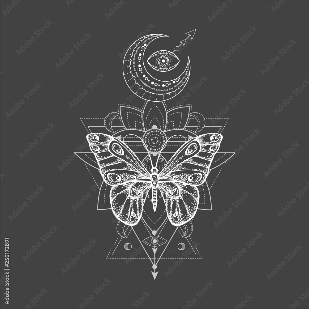 Vector illustration with hand drawn butterfly and Sacred geometric symbol on black background. Abstract mystic sign. White linear shape. For you design, tattoo or magic craft. Vector illustration with hand drawn butterfly and Sacred geometric symbol on black background. Abstract mystic sign. White linear shape. For you design, tattoo or magic craft.