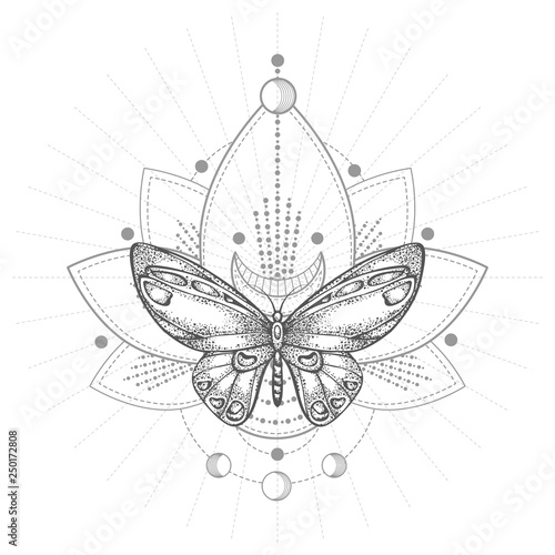 Vector illustration with hand drawn butterfly and Sacred geometric symbol on white background. Abstract mystic sign. Black linear shape. For you design, tattoo or magic craft.