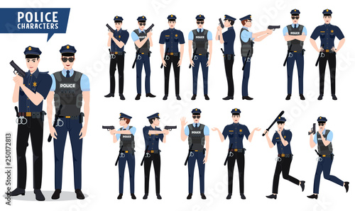 Police vector character set. Policeman characters holding gun in different posture and hand gestures with shooting pose isolated in white. Vector illustration.