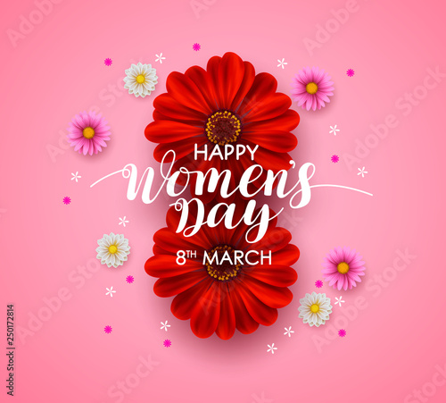 Women's day vector greeting card design. Happy women's day text with colorful flowers in pink background for March 8 event. Vector illustration.