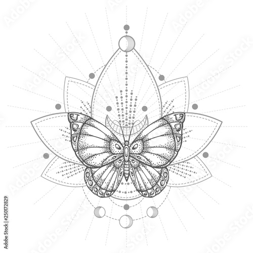 Vector illustration with hand drawn butterfly and Sacred geometric symbol on white background. Abstract mystic sign. Black linear shape. For you design, tattoo or magic craft.