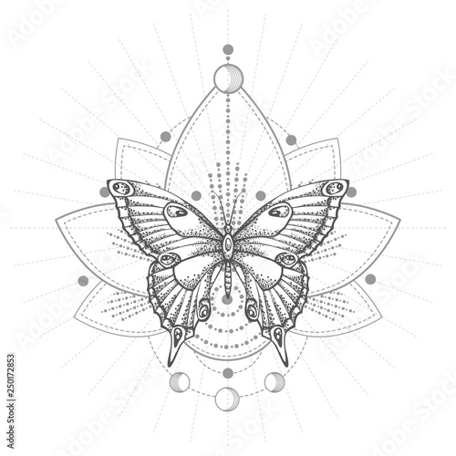 Vector illustration with hand drawn butterfly and Sacred geometric symbol on white background. Abstract mystic sign. Black linear shape. For you design, tattoo or magic craft.