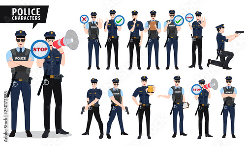 Policeman vector character set. Police officer characters holding gun and placard with signs in various posture isolated in white. Vector illustration.
