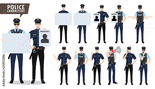 Police vector character set. Policeman characters holding blank white board for text and presentation and with various poses isolated in white. Vector illustration.