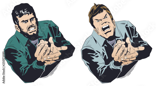 Angry businessman bangs his fist on his palm. Stock illustration.