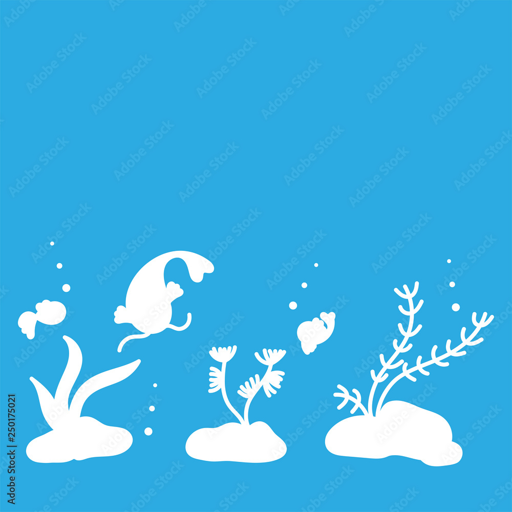 Underwater world, cute fish, plants. Vector hand drawn illustrations on blue background