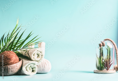 Spa background. Rolled towels, compress balls with coconut, palm leaves and various succulent plants in glass at light blue background. Tropical wellness and spa treatment. Body care concept