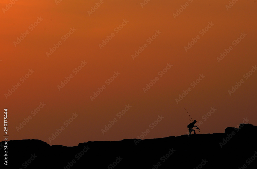 Silhouette of man walking with fishing rod during sunset