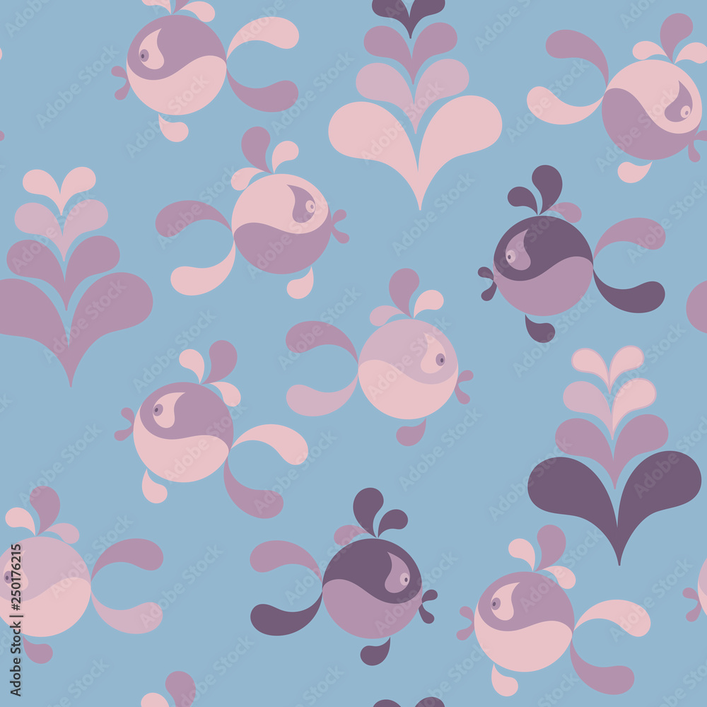 Funny fish and water plants. Seamless pattern background . Vector