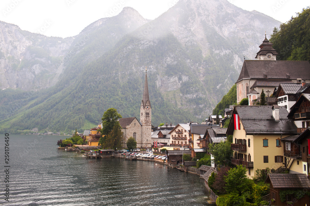 Old vintage wooden houses by the lake in Hallstatt, Austria