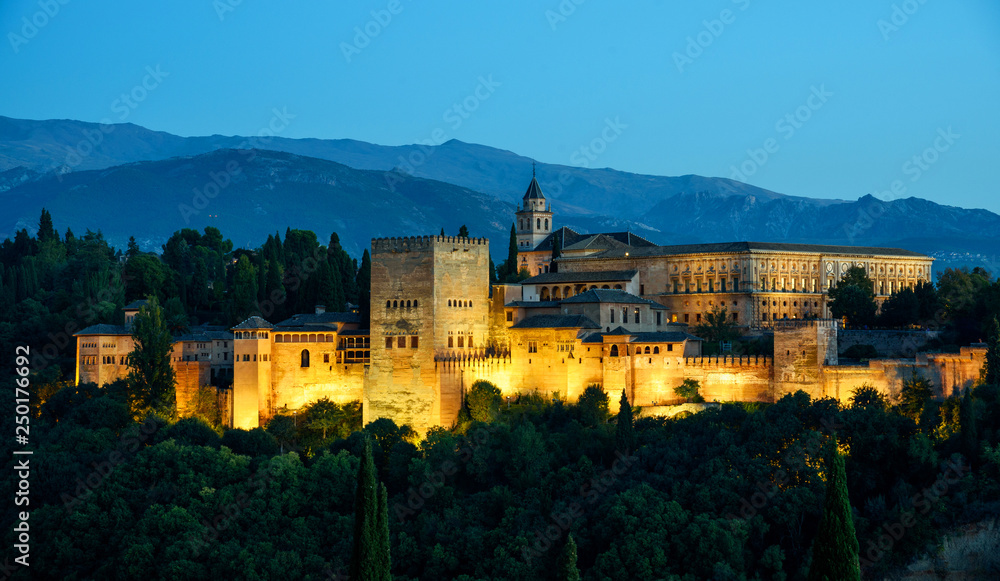 Alhambra At Dusk View From Mirador de San Nicolás Viewpoint, Granada Andalucia Spain