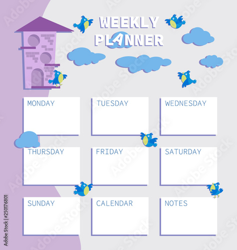 Bird house and birds of the titmouse. WEEKLY PLANER. Children's organizer with days of the week and a place for text. Notes, frame. Cartoon style.