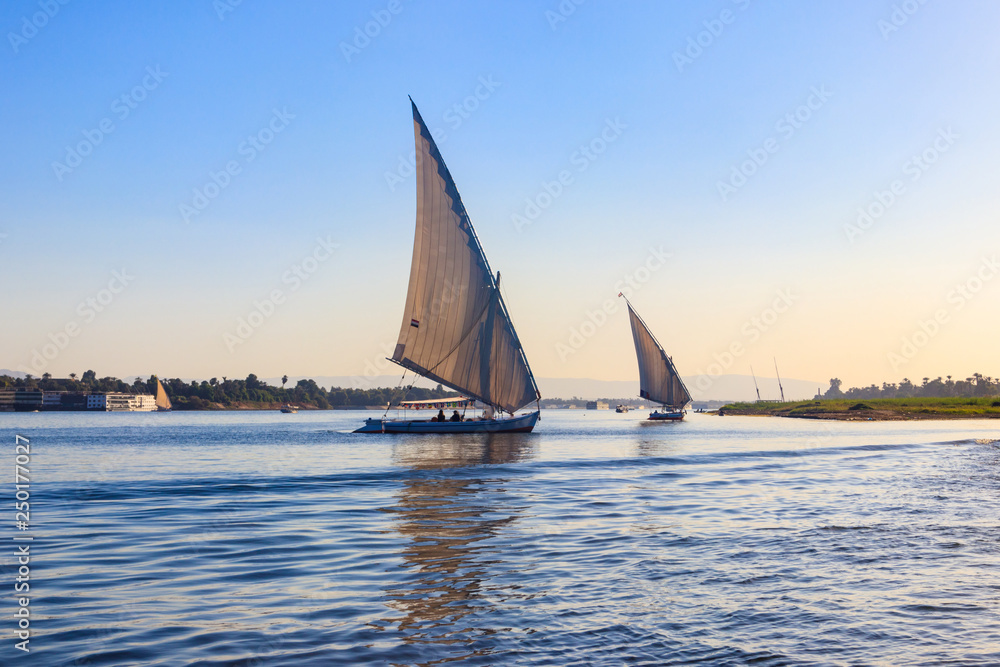Felucca boats sailing on the Nile river in Luxor, Egypt. Traditional Egyptian sailing boats