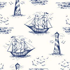 Wandcirkels Zee patronen Vintage maritiem toile de jouy met vuurtoren  © Anna Putina