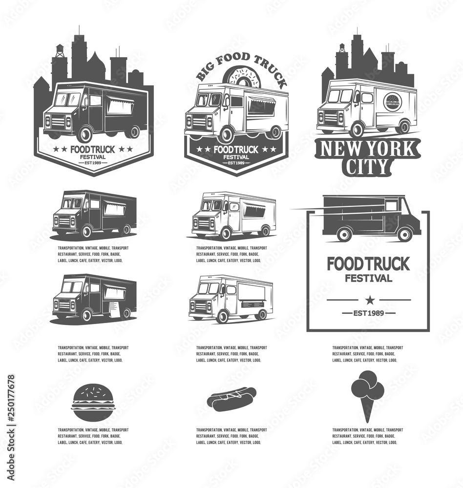 Set festival food truck logos, icons for fast food companies raster copy