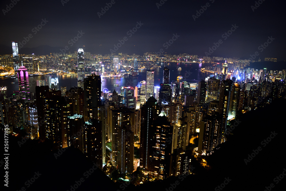 Obraz premium Hong Kong Night Cityscape Skyline From Victoria Peak