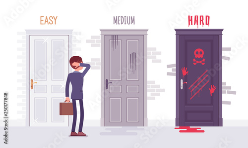 Easy, medium, hard degree of difficulty choice for businessman. Male manager puzzled with a business challenge level, employee choosing between three doors of career possibilities. Vector illustration