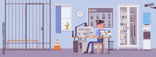 Police station office and a policeman working. Male officer sitting at workplace in city department, room interior with professional tools, wanted poster, gun cabinet, jail cell. Vector illustration