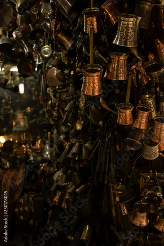 Brown, copper coffee pots in the Grand Bazaar, Istanbul, Turkey
