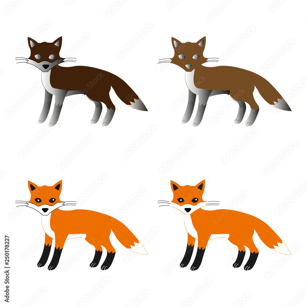 Vector set of four foxes in various colors