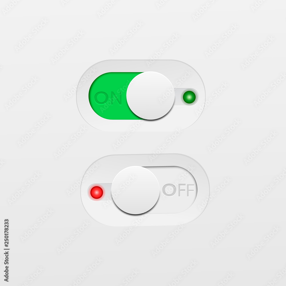 On and Off toggle switch buttons. Material design switch buttons set. On and Off toggle switch buttons. Material design switch buttons set.