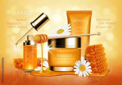 Cosmetic realistic vector ad background. Yellow jar with cream, tube and pipette serum with honey drips honeycomb, organic cosmetics natural formula for skincare. Mockup for glossy magazine or catalog