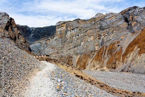 Panoramic views on a popular tourist destination trail in Nepal - Annapurna Circuit Trail. Way to base camp and Thorong La or Thorung La pass. photo