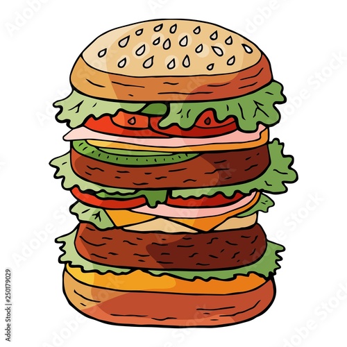 Hand drawn vector huge hamburger on sesame bun