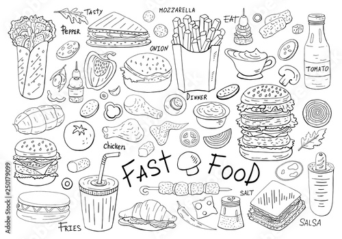 Big set  vector fast food elements on white background.