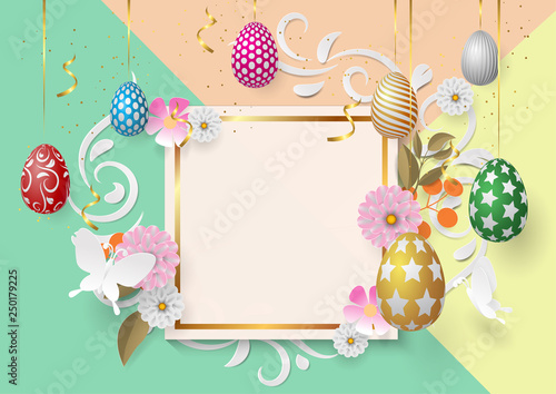 Happy easter template with gold ribbon and multicolour eggs, frame