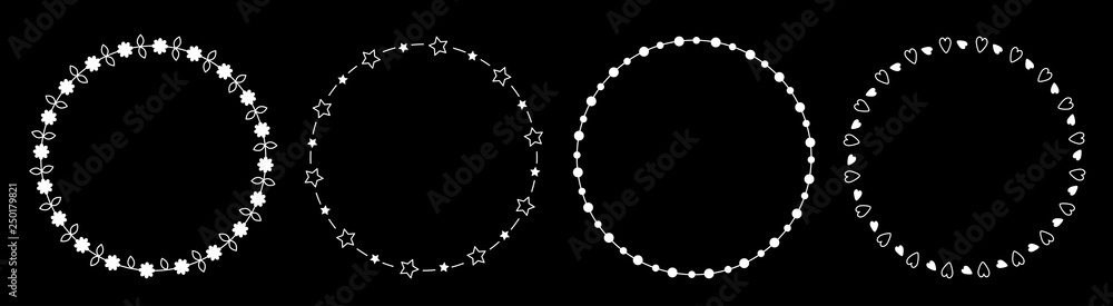 Round circle frame wreath icon set line. Daisy flower, star, leaf, dot decoration element. Flat design. Black background. Isolated. Round circle frame wreath icon set line. Daisy flower, star, leaf, dot decoration element. Flat design. Black background. Isolated.