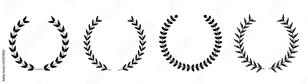 Silhouette round laurel foliate wheat wreaths line set. Award concept. Flat design. White background. Isolated. Silhouette round laurel foliate wheat wreaths line set. Award concept. Flat design. White background. Isolated.
