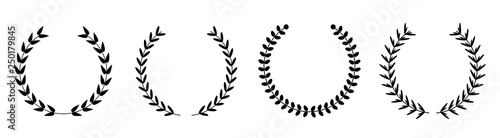 Silhouette round laurel foliate wheat wreaths line set. Award concept. Flat design. White background. Isolated.