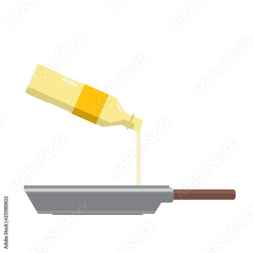 vector flat icon with frying oil pouring out of the bottle onto the pan. cooking ingredient