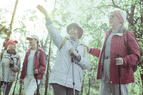 Active and cheerful elderly people hiking in the forest