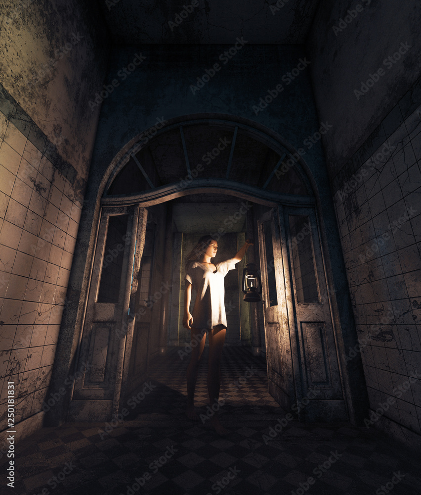 Girl being lost in haunted house,3d illustration