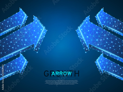 Arrow growth, success, team work sign. six arrows goes up from left and right sides wireframe digital 3d Low poly collaboration concept with lines, dots on blue background. Vector neon polygonal RGB