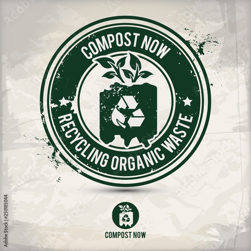 alternative composting stamp containing: two environmentally sound eco motifs in circle frames, grunge ink rubber stamp effect, textured paper background, eps10 vector illustration