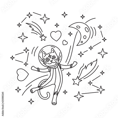 Cat astronaut in space. Vector illustration