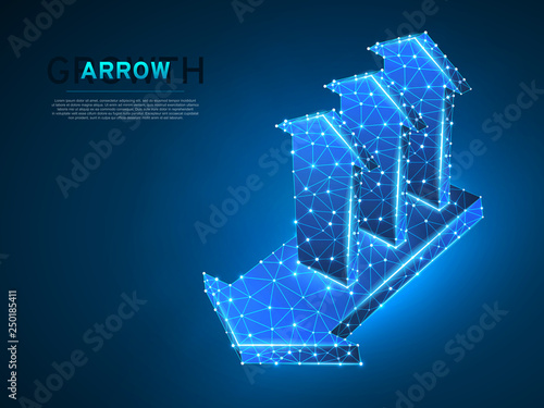 Arrow growth, success, team work sign. Three arrows goes up from one arrow wireframe digital 3d Low poly collaboration concept with lines, dots on blue background. Vector neon polygonal RGB color