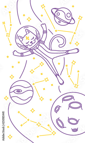 Cat astronaut flying in space. Vector illustration