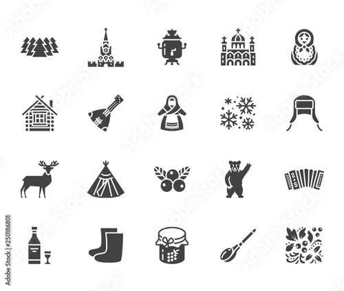 Russia flat glyph icons set. Russian doll, ornament, Moscow Kremlin, samovar, deer, bear, accordion, vodka vector illustrations. Signs for travel agency Solid silhouette pixel perfect 64x64