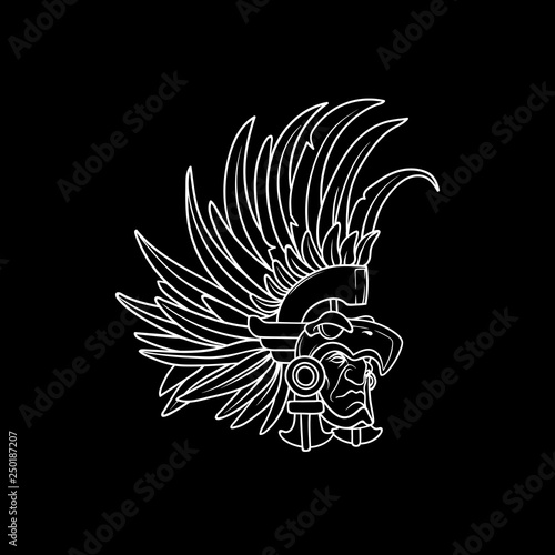 White outline on black background, tribal warrior wearing beautiful helmet with long feathers
