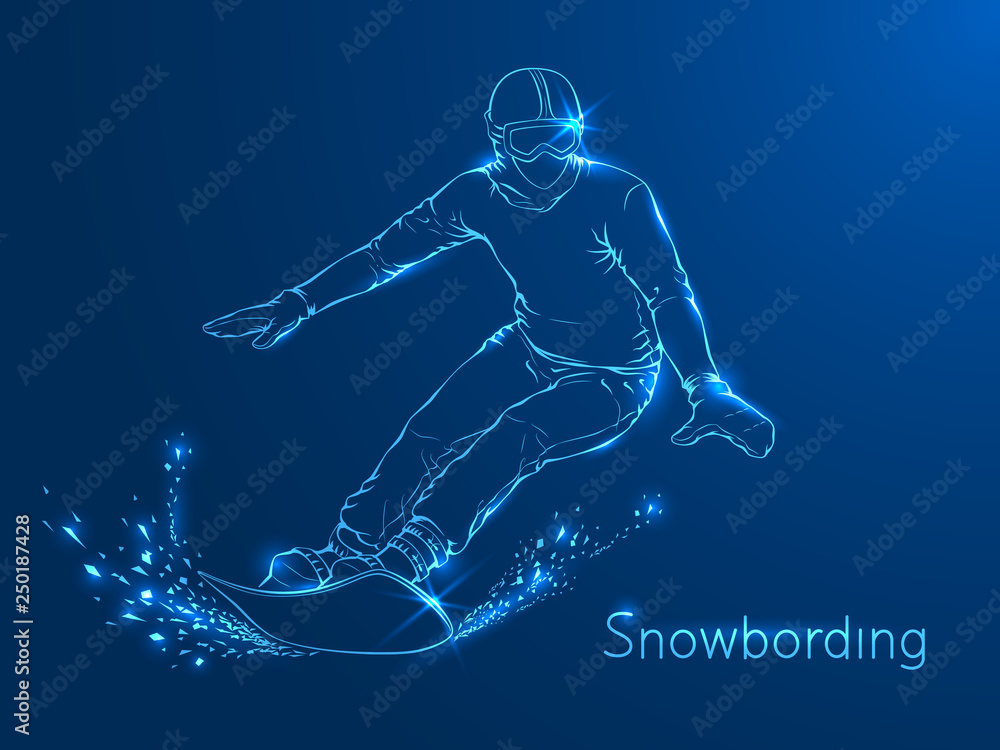 Snowboarder with a board on his shoulders. Green neon winter sports background. Snowboarder with a board on his shoulders. Green neon winter sports background.