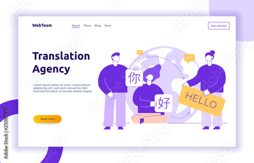 Vector flat line translation design concept of big modern people  holding cards with word Hello in chinese and english. Trendy language courses  translation agency illustration with earth globe.