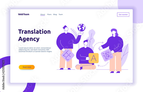 Vector flat line translation design concept of big modern people, holding cards with letters A, B in chinese. Trendy language courses, translation agency illustration with earth globe and leaves.