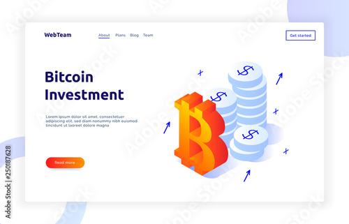 Isometric bitcoin investment and growth gradient style design concept, money and finance modern web banner illustration