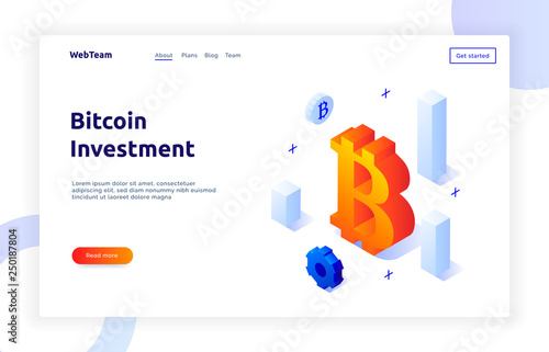 Isometric bitcoin investment and growth gradient style design concept, money and finance modern web banner illustration
