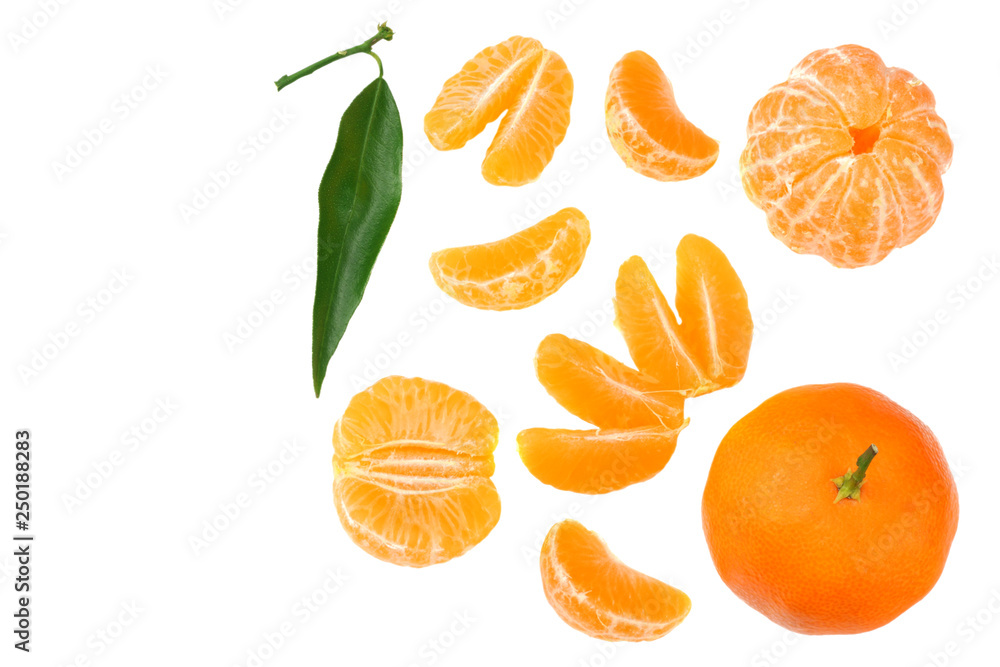 mandarin with slices and green leaf isolated on white background top view mandarin with slices and green leaf isolated on white background top view