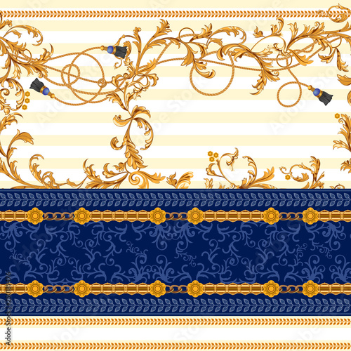 Baroque seamless pattern with chains, rope, brushes. Vector patch for print, fabric, scarf